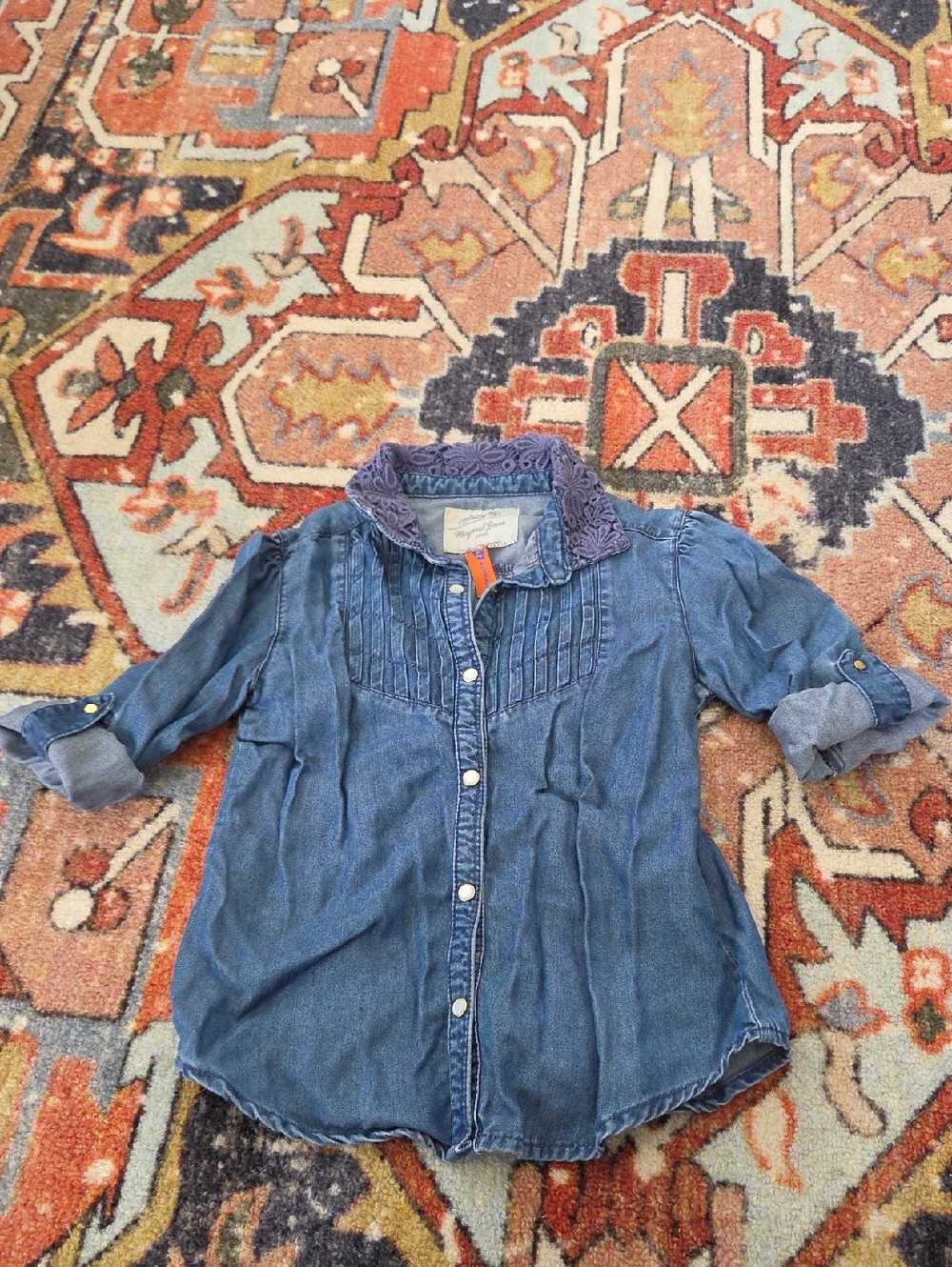 Mayoral Blue Denim Shirt with Purple Lace Trim